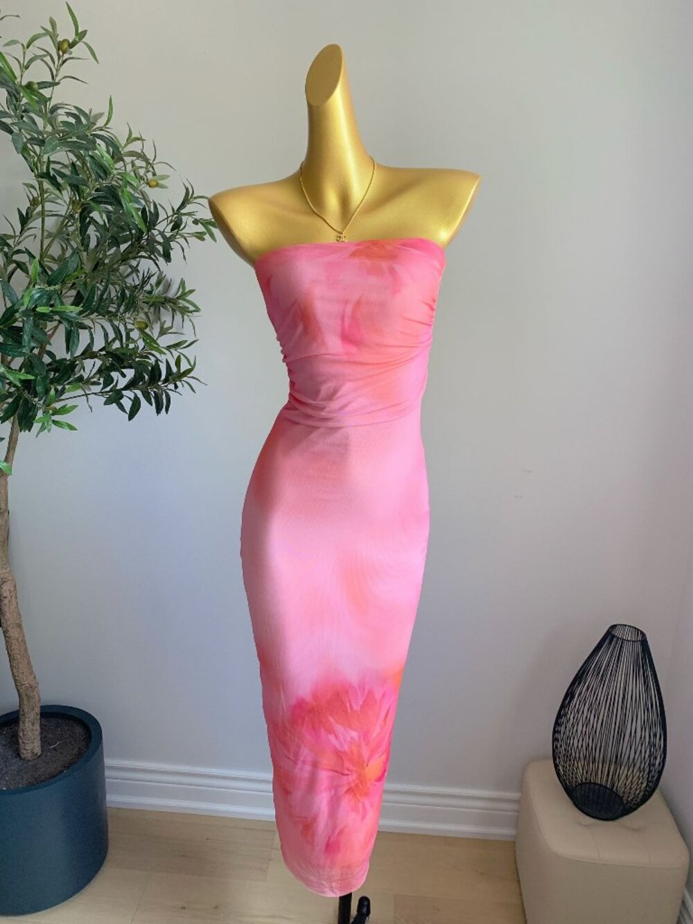 Pink Floral Mesh Strapless Bodycon Midi Dress Vacation S